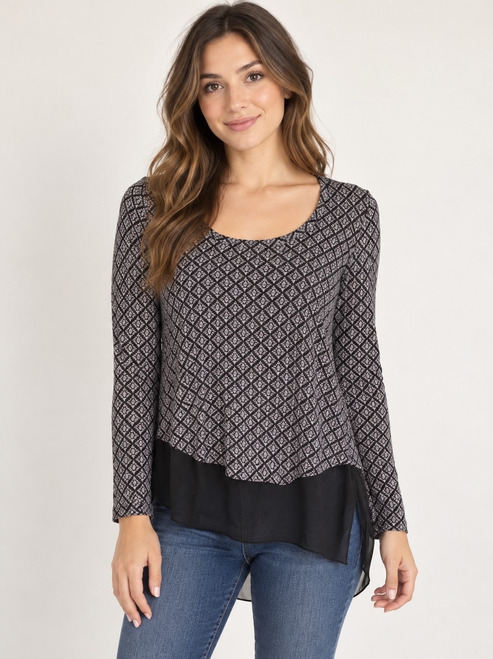 Ardene Black Grey Geometric Layered High Low Long Sleeve Top L